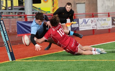 160225  Scarlets U18s v Cardiff U18s, WRU Regional Age Grade Semi Final - Joe Fernandez of Cardiff Rugby is forced into touch by a try saving tackle from Carwyn Jones of Scarlets