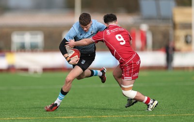 160225  Scarlets U18s v Cardiff U18s, WRU Regional Age Grade Semi Final - Will Adams of Cardiff Rugby takes on Cellan Allcock of Scarlets