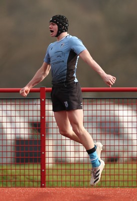 160225  Scarlets U18s v Cardiff U18s, WRU Regional Age Grade Semi Final - Rhys Cummings of Cardiff Rugby celebrates after he races in to score try