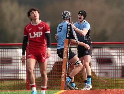 160225  Scarlets U18s v Cardiff U18s, WRU Regional Age Grade Semi Final - Rhys Cummings of Cardiff Rugby celebrates with Gabe Williams of Cardiff Rugby after he races in to score try