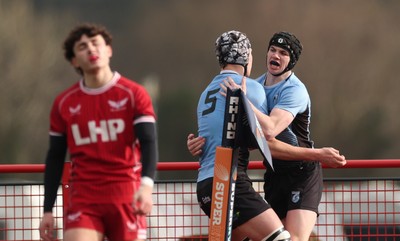 160225  Scarlets U18s v Cardiff U18s, WRU Regional Age Grade Semi Final - Rhys Cummings of Cardiff Rugby celebrates with Gabe Williams of Cardiff Rugby after he races in to score try