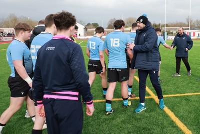 160225  Scarlets U18s v Cardiff U18s, WRU Regional Age Grade Semi Final - Cardiff coach Josh Turnbull congratulates players at the end of the match