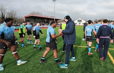 160225  Scarlets U18s v Cardiff U18s, WRU Regional Age Grade Semi Final - Cardiff coach Josh Turnbull congratulates players at the end of the match