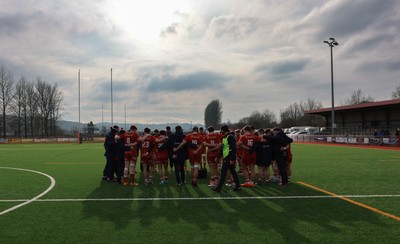 160225  Scarlets U18s v Cardiff U18s, WRU Regional Age Grade Semi Final - Scarlets huddle up at the end of the match