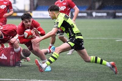 230225 - Scarlets U18s v Dragons U18s - Regional Age-Grade Championship finals - Bowyn Clark of Scarlets U18s scores a try