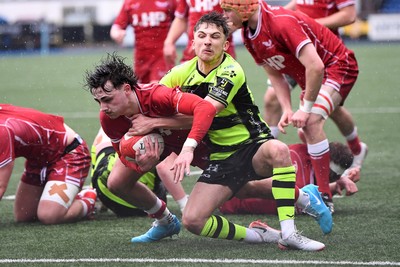 230225 - Scarlets U18s v Dragons U18s - Regional Age-Grade Championship finals - Bowyn Clark of Scarlets U18s scores a try