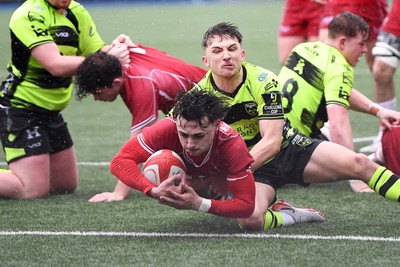 230225 - Scarlets U18s v Dragons U18s - Regional Age-Grade Championship finals - Bowyn Clark of Scarlets U18s scores a try