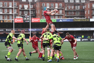 230225 - Scarlets U18s v Dragons U18s - Regional Age-Grade Championship finals - Ollie Lewis of Scarlets U18s wins the line-out