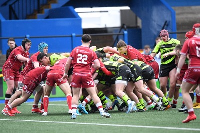 230225 - Scarlets U18s v Dragons U18s - Regional Age-Grade Championship finals - Carter Pritchard of Dragons U18s pushes the ball over to score a try