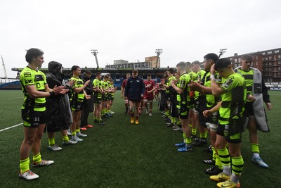 230225 - Scarlets U18s v Dragons U18s - Regional Age-Grade Championship finals - Scarlets are congratulated with the win