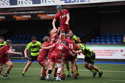 230225 - Scarlets U18s v Dragons U18s - Regional Age-Grade Championship finals - Ollie Lewis of Scarlets U18s wins the line-out