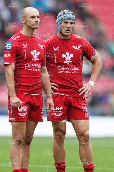 160923 - Scarlets v Barbarians - Phil Bennett Memorial Game - Ioan Nicholas and Jonathan Davies of Scarlets