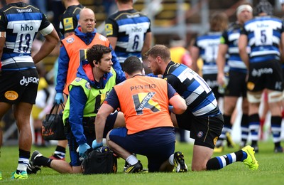 200816 - Scarlets v Bath - Preseason Friendly -Rhys Priestland of Bath is treated