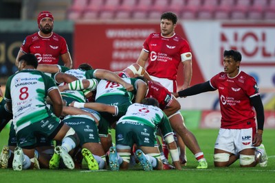 101026 - Scarlets v Benetton Rugby - United Rugby Championship - Josh Macleod, Fletcher Anderson and Sam Lousi of Scarlets