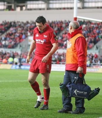 17.04.10 Scarlets v Blues... Scarlets Stephen Jones leaves the field injured. 