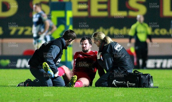 171112 Scarlets v Cardiff Blues - LV= Cup -Scarlets'  Gareth Owen receives treatment for an injury 