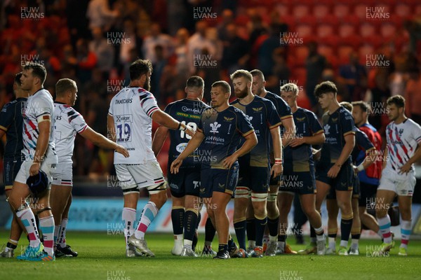 020922 - Scarlets v Bristol Bears - Preseason Friendly - Players shake hands at the end of the match
