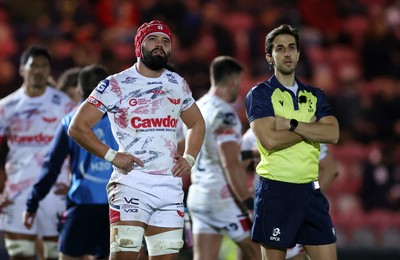 061225 - Scarlets v Bristol Bears - Investec European Champions Cup - Josh Macleod of Scarlets and Referee Gianluca Gnecchi 