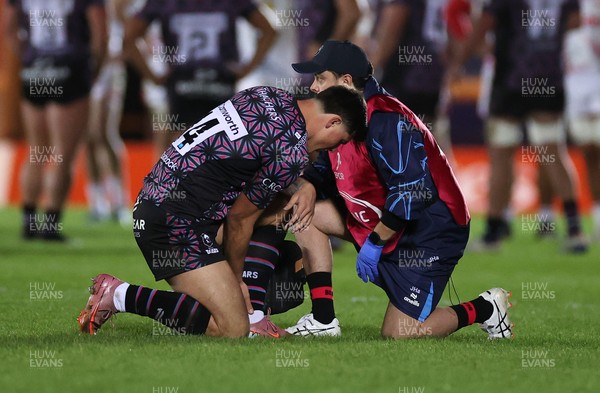 061225 - Scarlets v Bristol Bears - Investec European Champions Cup - Louis Rees-Zammit of Bristol Bears is seen to by medical staff