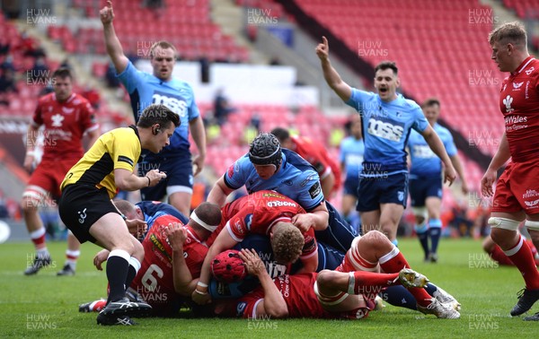 150521 - Scarlets v Cardiff Blues - Guinness PRO14 Rainbow Cup - Kristian Dacey and Tomos Williams of Cardiff Blues celebrate as Cory Hill (red scrum cap) scores try