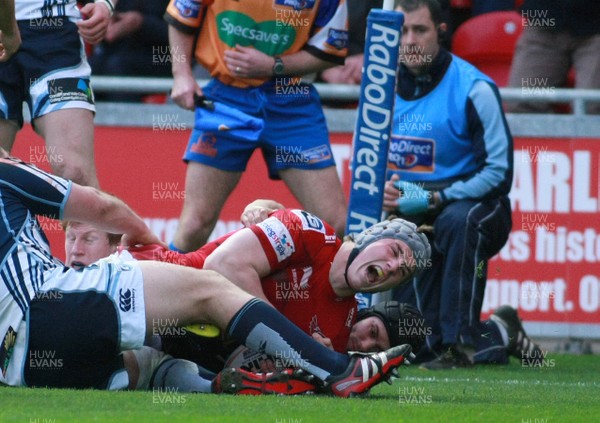 200413 Scarlets v Cardiff Blues - RaboDirectPro12 -Scarlets' Jonathan Davies celebrates scoring his try