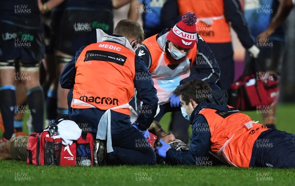 220121 - Scarlets v Cardiff Blues - Guinness PRO14 - Sione Kalamafoni of Scarlets is treated for injury