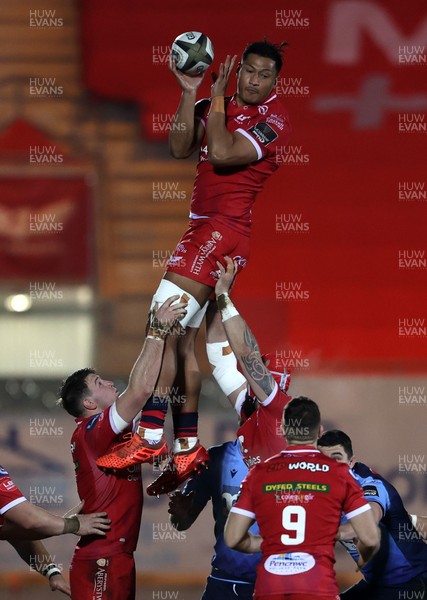 220121 - Scarlets v Cardiff Blues - Guinness PRO14 - Sam Lousi of Scarlets wins the line out