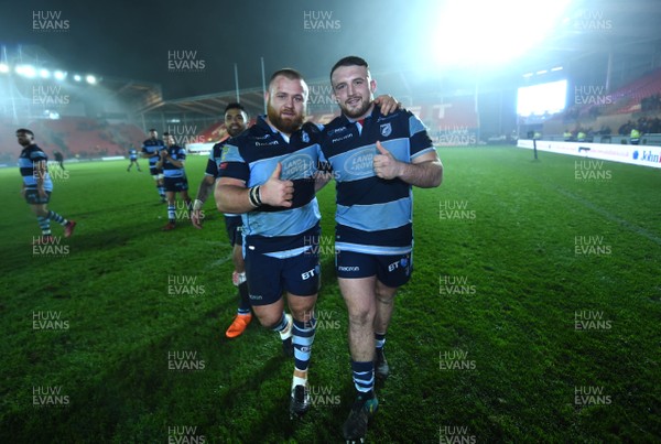 291218 - Scarlets v Cardiff Blues - Guinness PRO14 - Dmitri Arhip and Dillon Lewis of Cardiff Blues at the end of the game