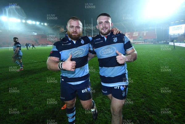 291218 - Scarlets v Cardiff Blues - Guinness PRO14 - Dmitri Arhip and Dillon Lewis of Cardiff Blues at the end of the game