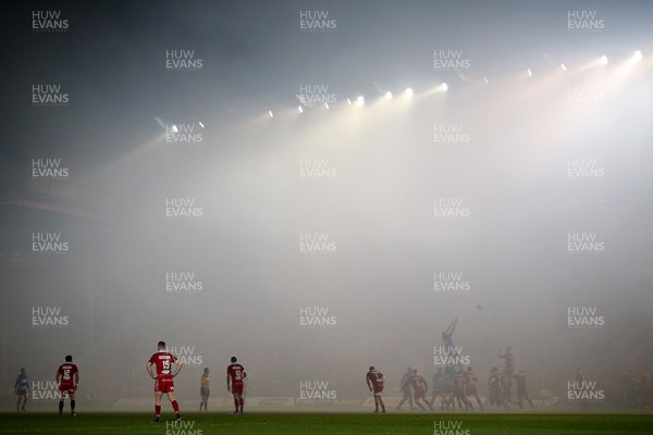291218 - Scarlets v Cardiff Blues - Guinness PRO14 - Smoke from the fireworks fills the stadium at kick off