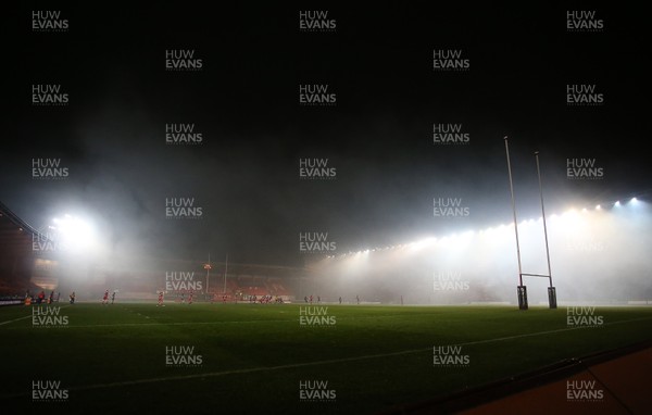 291218 - Scarlets v Cardiff Blues - Guinness PRO14 - Smoke from the fireworks fills the stadium at kick off