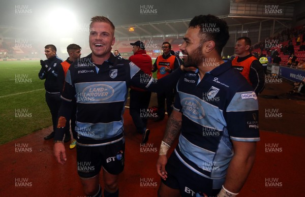 291218 - Scarlets v Cardiff Blues - Guinness PRO14 - Happy Gareth Anscombe and Willis Halaholo of Cardiff Blues at full time