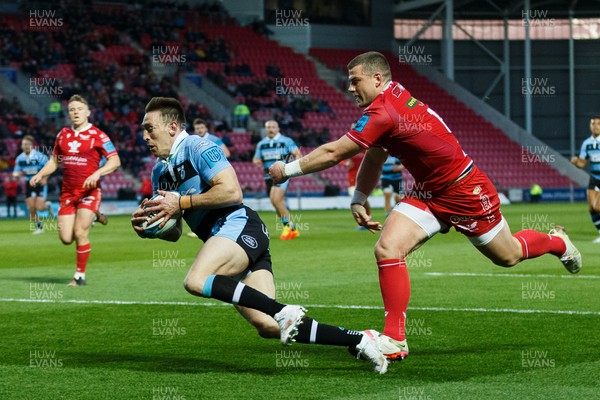 020422 - Scarlets v Cardiff Rugby - United Rugby Championship - Josh Adams of Cardiff Rugby scores a try