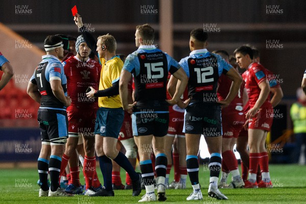020422 - Scarlets v Cardiff Rugby - United Rugby Championship - Referee Tual Trainini shows a red card to Sione Kalamafoni of Scarlets