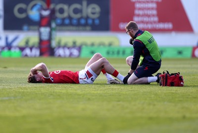 180426 - Scarlets v Cardiff Rugby - United Rugby Championship - Ellis Mee of Scarlets goes down injured