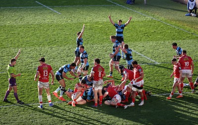 180426 - Scarlets v Cardiff Rugby - United Rugby Championship - Javan Sebastian of Cardiff scores the match winning try in the last seconds of the game