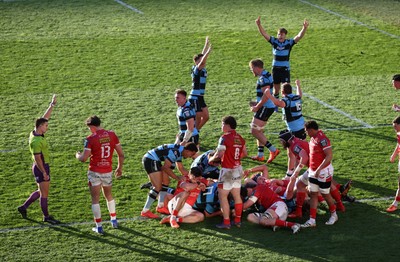 180426 - Scarlets v Cardiff Rugby - United Rugby Championship - Javan Sebastian of Cardiff scores the match winning try in the last seconds of the game