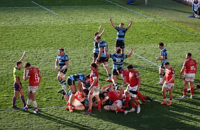 180426 - Scarlets v Cardiff Rugby - United Rugby Championship - Javan Sebastian of Cardiff scores the match winning try in the last seconds of the game