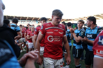 180426 - Scarlets v Cardiff Rugby - United Rugby Championship - Taine Plumtree of Scarlets at full time