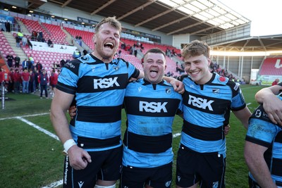 180426 - Scarlets v Cardiff Rugby - United Rugby Championship - Josh McNally, Danny Southworth and Jacob Beetham of Cardiff at full time
