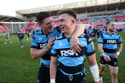 180426 - Scarlets v Cardiff Rugby - United Rugby Championship - James Botham and Taine Basham of Cardiff at full time
