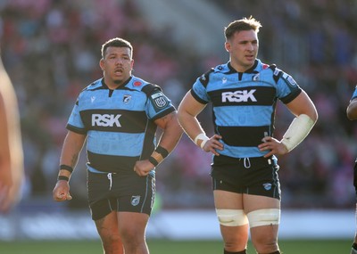 180426 - Scarlets v Cardiff Rugby - United Rugby Championship - Javan Sebastian and Taine Basham of Cardiff  