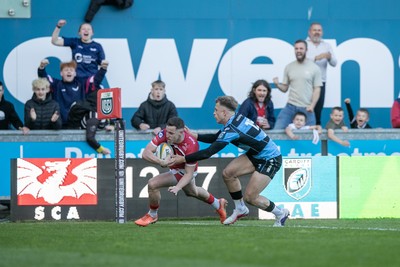 180426 - Scarlets v Cardiff Rugby - United Rugby Championship - Dane Blacker of Scarlets scores a try