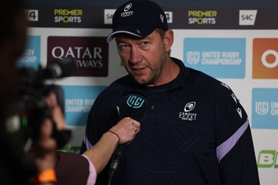 180426 - Scarlets v Cardiff Rugby - United Rugby Championship - Corniel van Zyl Cardiff Rugby Head Coach talks to press before the game