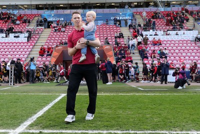 180426 - Scarlets v Cardiff Rugby - United Rugby Championship - Liam Williams walks on the field before kick off with his son
