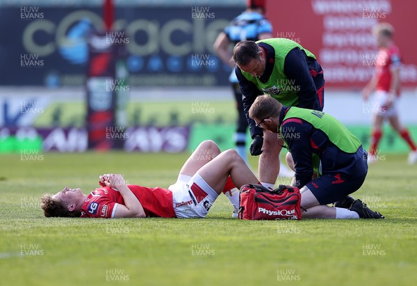 180426 - Scarlets v Cardiff Rugby - United Rugby Championship - Ellis Mee of Scarlets goes down injured