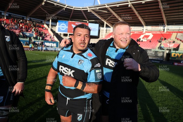180426 - Scarlets v Cardiff Rugby - United Rugby Championship - Javan Sebastian and Keiron Assiratti of Cardiff 