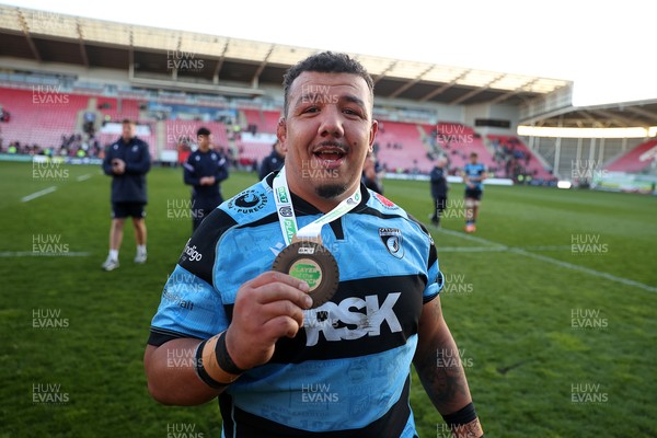180426 - Scarlets v Cardiff Rugby - United Rugby Championship - Javan Sebastian of Cardiff at full time