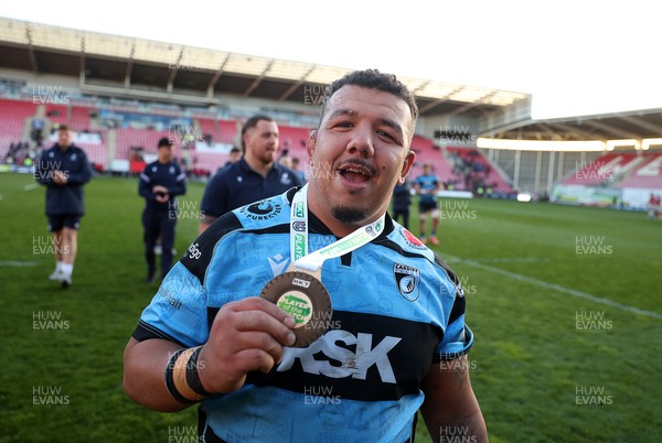 180426 - Scarlets v Cardiff Rugby - United Rugby Championship - Javan Sebastian of Cardiff at full time