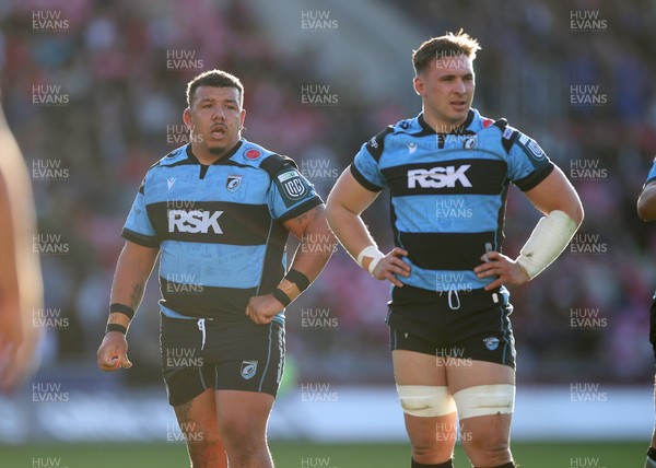180426 - Scarlets v Cardiff Rugby - United Rugby Championship - Javan Sebastian and Taine Basham of Cardiff  